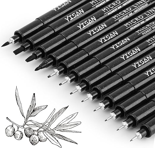 YISAN Black Drawing Pens,Fineliners Marker,Set of 12 Micro-Pens,Anime Pigment Pen,Art Pens,for Sketching,Technical Drawing 902195