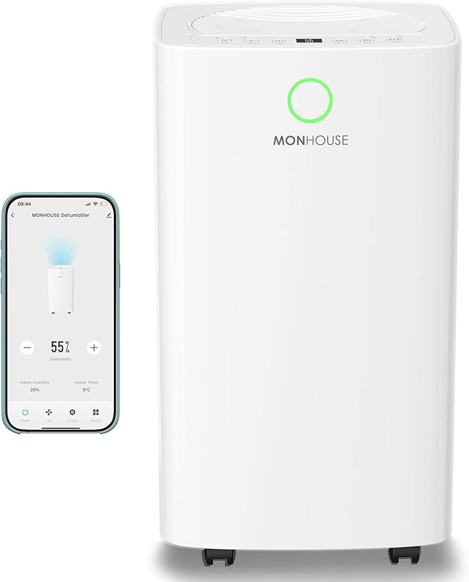 MONHOUSE 12L/Day Digital Dehumidifier - Wifi Controlled App, Sleep Mode, 24 HR Timer For Office, Home, Bedroom, Basement, Garage & Kitchen - Portable Electric Mould, Damp, Condensation Remover