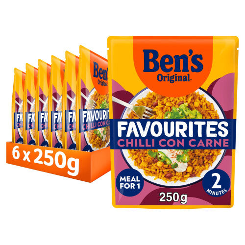 Ben's Original Favourites Chilli con Carne Minced Beef and Vegetables Ready Meal Rice Pouch, Bulk Multipack 6 x 250g