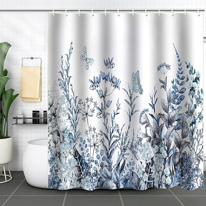 WELTRXE Shower Curtain, Bathroom Curtain with 12 Hooks, Waterproof Polyester Fabric Bathtub Curtain, Weighted Hem, Washable, Quick Dry, Mildew & Mold Resistant, Bathroom Decor, 183x183cm, Blue Plant