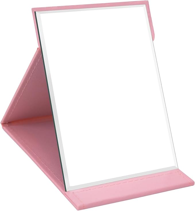 OWLKELA 16×12cm Portable Folding Mirror, Super HD Compact Makeup Mirrors, PU Leather Tabletop Foldable Travel Mirror, Compact Standing Vanity Mirrors for Bathroom, Home& Camping, Pink