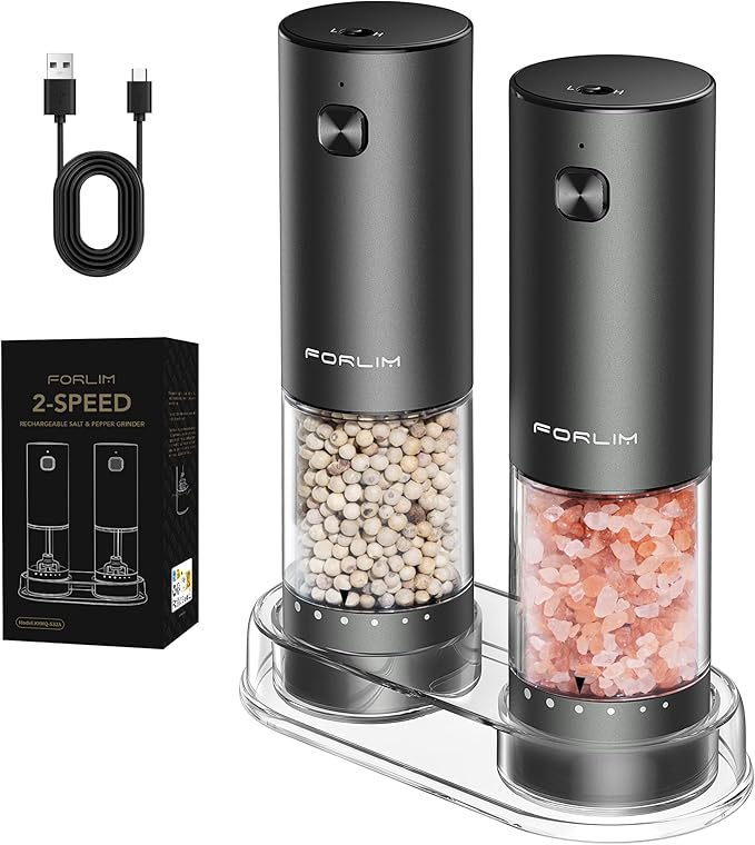FORLIM Rechargeable Electric Salt and Pepper Grinder Set, Automatic with 2-Speed & 6 Adjustable Coarseness Levels, One-Handed Operation, Aluminum Alloy, USB Charging, Storage Base – for Home & Kitchen