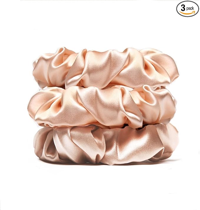 3Pack Silk Scrunchies For Hair 100% Pure Mulberry Silk Hair Ties, Elastic Ponytail Holders, Hair Ties No Damage, Satin Scrunchies, Velvet Scrunchy for Hair Accessories Sleep Tie (Pink)