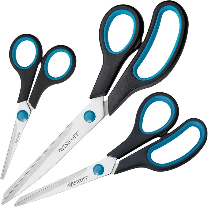 Westcott Easy Grip Scissors 3 Pieces Black | Set of 3 Universal Scissors with Comfort Grip | Extra Sharp & Durable Stainless Steel Blade | for Crafting, Household & Office | N-90027 00