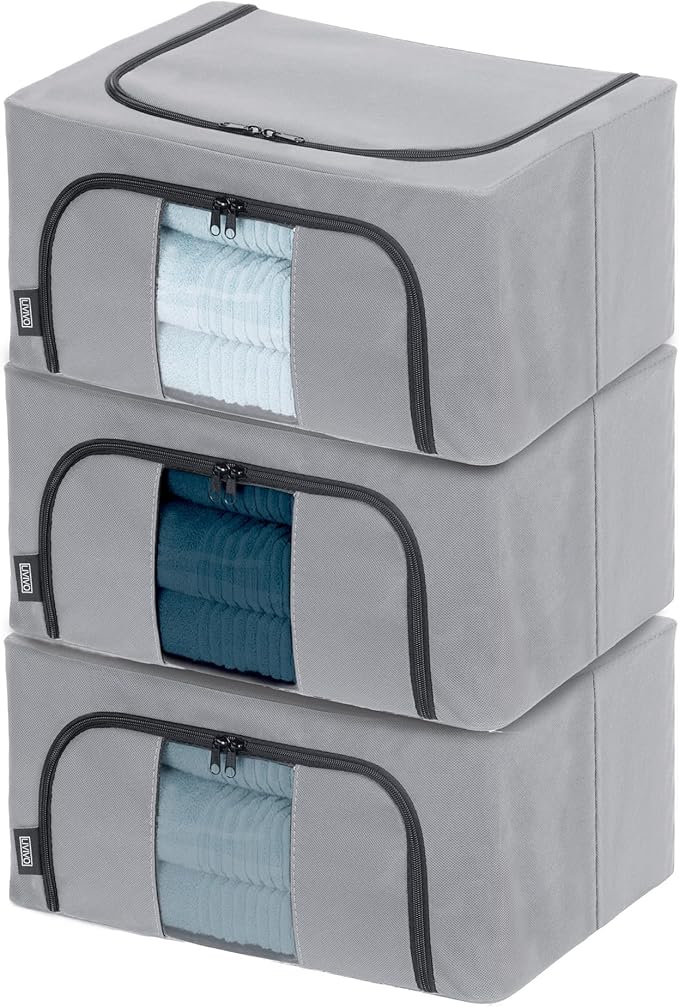 LIVIVO Set of 3 Storage Bags Boxes Organiser Double Opening Zips Clear Windows – Great for Storing Duvets Blankets, Bedding, Clothes Towels, Sweaters Toys - 24L Under Bed Closet Wardrobe Box