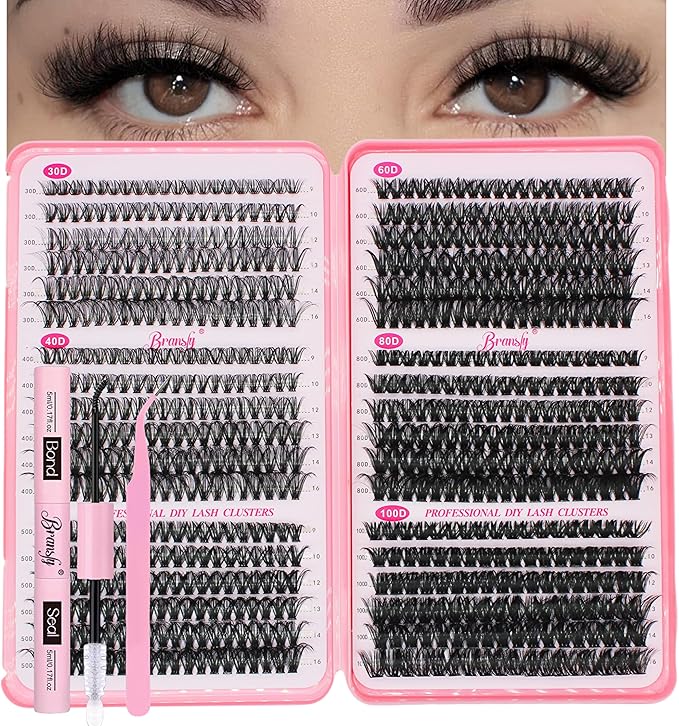 Lash Clusters Kit 30D+40D+50D+60D+80D+100D DIY Lash Extension Kit Russian D Curl Strip Eyelash Fluffy Volume Extensions 9-16mm Individual Cluster Lashes Bond and Seal Tweezers(30D-100D,Kit)