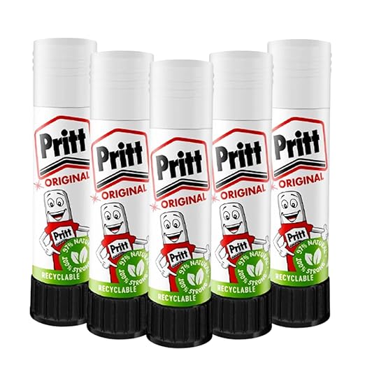 PRITT Glue Sticks (5 Pack, 11g) - 97% Natural Ingredients, Easy Hold Safe & Child-Friendly Glue Sticks for Home, School, Crafts, Office Supplies, Recyclable Quick-Drying Non-Toxic Strong Adhesive