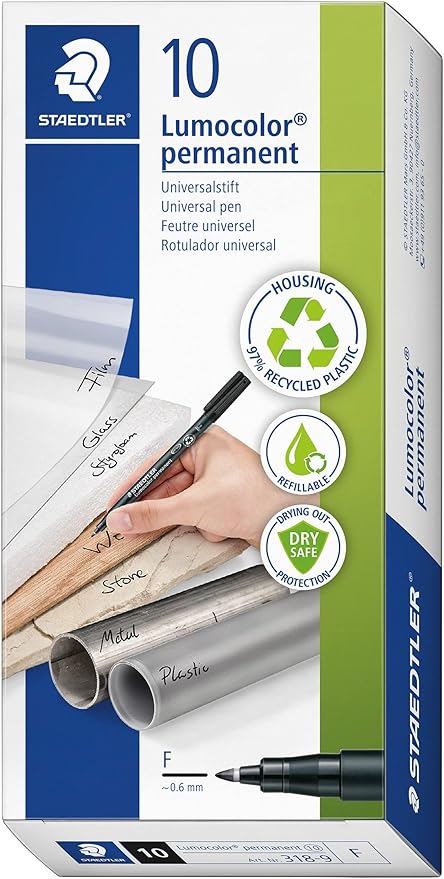 STAEDTLER 318-9 Lumocolor Permanent Pen, Fine Line Width, 0.6mm - Black (Box of 10)