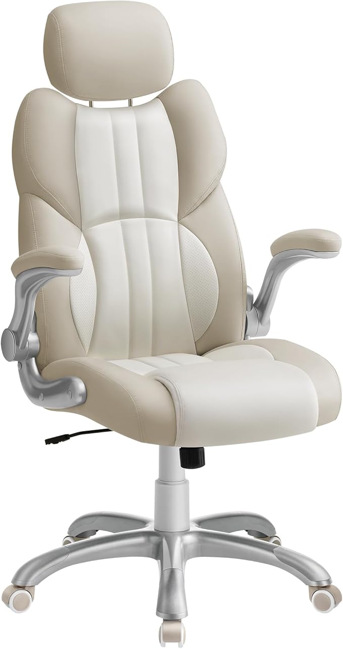 SONGMICS Office Chair, Ergonomic Gaming Chair, Adjustable Headrest, Tilt Function, Foldable Armrests, Swivel Castors, Adjustable Height, E-sports Chair, Cream White OBG065W12