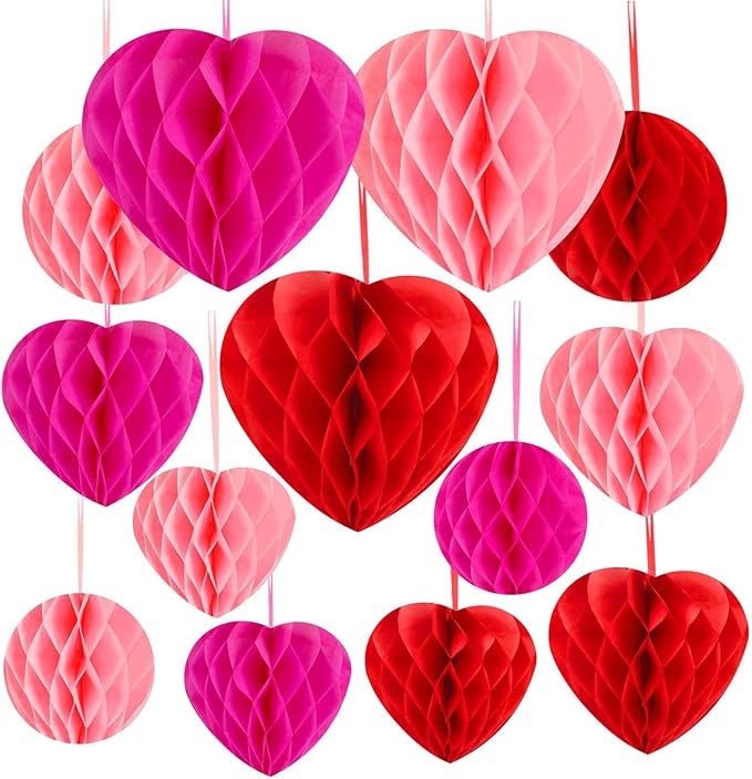 15 Pieces Honeycomb Balls Valentines Pom Poms Red Paper Honeycomb Ball Decorations Hearts Tissue Paper for Wedding, Valentine's Day, Engagement, Bridal Shower (Red, Pink,Rose Pink)
