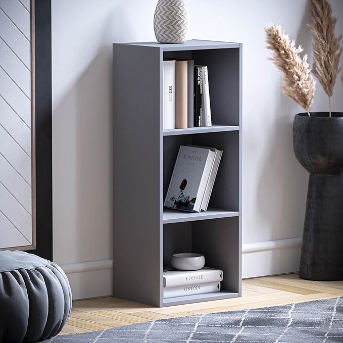Vida Designs Oxford 3 Tier Cube Bookcase, Grey Wooden Shelving Display Storage Unit Office Living Room Furniture