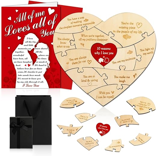 HOWAF 10 Reasons Why I Love You Hearts Puzzle Wooden Set,I Love You Gifts for Him Her Valentines Gifts for Her Him Romantic gift Valentines Card Bow Gift Box Bag for Anniversary Wedding Birthday