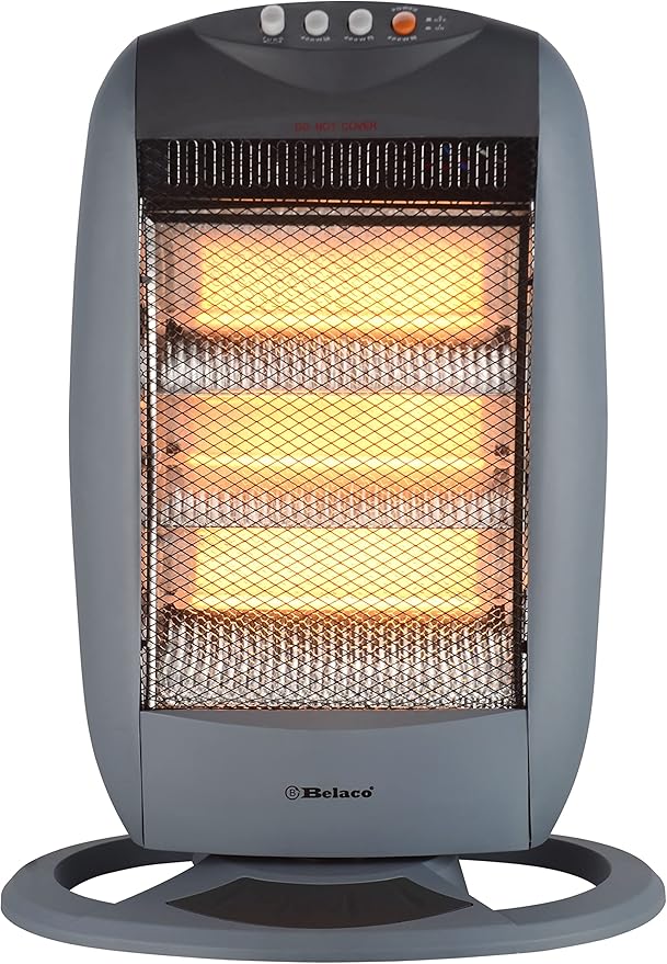 Belaco Electric 3 Bar Halogen Heater 1200W, Portable Room Heater with 3 Heat Settings, 90° Oscillation, Tip Over Safety Switch, Compact Carry Handle, Grey