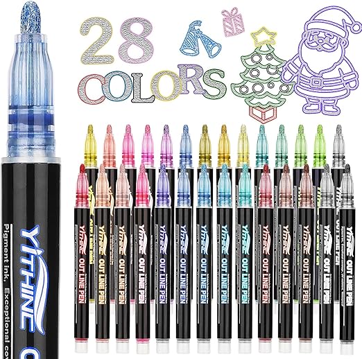 YITHINC Glitter Pens Outline Marker Pen, Arts and Crafts Gift for Kids Girls, Teenage Girls Gift, 28 Sparkle Metallic Colouring Pens, Easter Gifts for 4 5 6 7 8 9 10 11 12 Year Old Girls