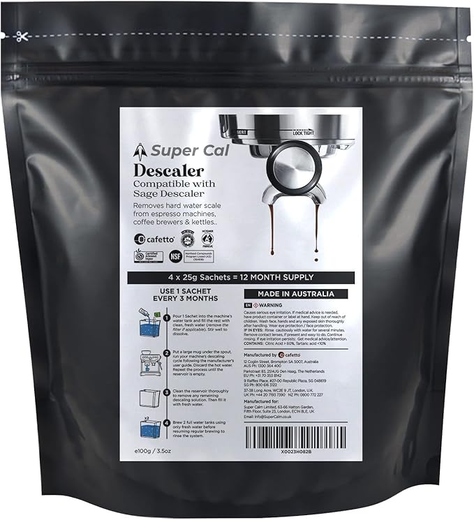 Sage Descaler - 4 x 25g Sachets made by Cafetto who make Sage Coffee machine Descaler for Coffee Machines & Kettles | Made in Australia - ACO & NSF Certified - protects your machine - By Super Cal