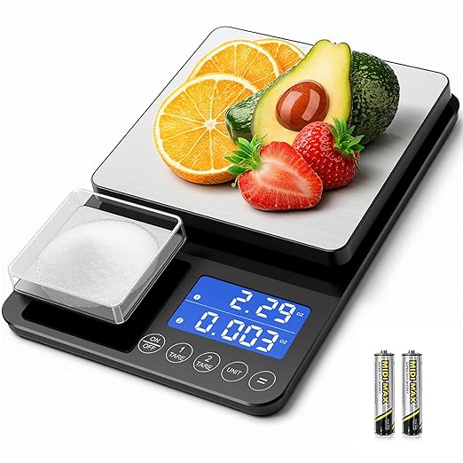 Dual Platform Kitchen Scales Digital, 15kg/1g & 500g/0.01g High Precision, Food Scale with Tare & Accumulation, Stainless Steel Weighing Scales Kitchen for Baking Cooking