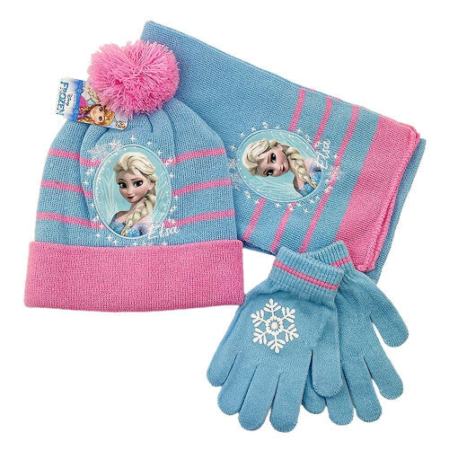 (Light Blue And Pink) 3pcs/set Kids Girls Frozen Elsa Hat Scarf And Gloves Set Gifts