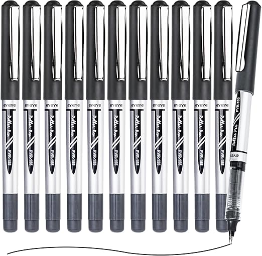 EYEYE Black Rollerball Pens 12 Pack, 0.7mm Medium Point Roller Ball Pen Quick Dry, Liquid Ink Pens Fine Point Smooth Writing Pens for Journaling, Note Taking, School, Office Supplies