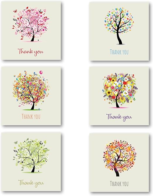 Thank You Cards Multipack of 24. Each Greeting Cards Pack includes 6 Tree designs. 115 x 115mm. Blank Inside. Envelopes included. Made in UK.