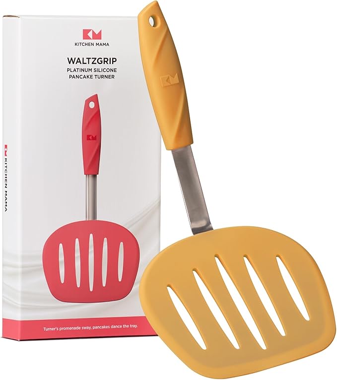 Kitchen Mama WALTZGRIP Platinum Silicone Pancake Spatula Turner: Heat-Resistant, Wide Slotted Tapered Head Stainless Steel Core. Durable, Dishwasher-Safe, Flipping Cooking Needs, Wok Use (Yellow)