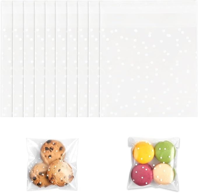 100Pcs Cellophane Bags - 10 x 10 cm, Self Adhesive Small Plastic Packaging Bags with White Dot, Clear Frosted Plastic Package for Sweet Cookie Chocolates Biscuit Candy