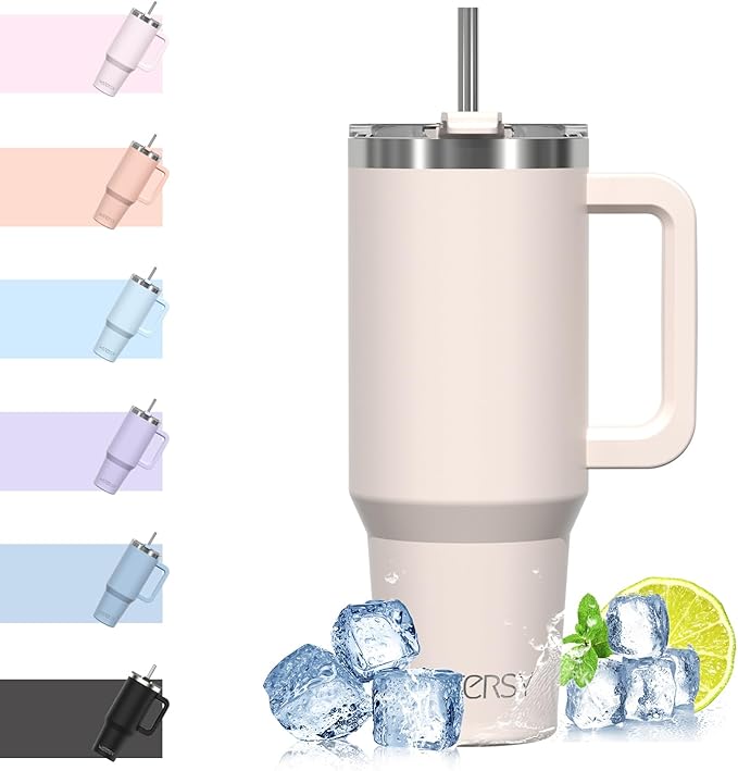 WATERSY Travel Mug Coffee Cup 40oz Tumbler Straw Lid and Handle, Stainless Steel Double Wall Vacuum Insulated Coffee Water Bottle Thermal for Cold Hot Coffee 1182ml Ivory Beige