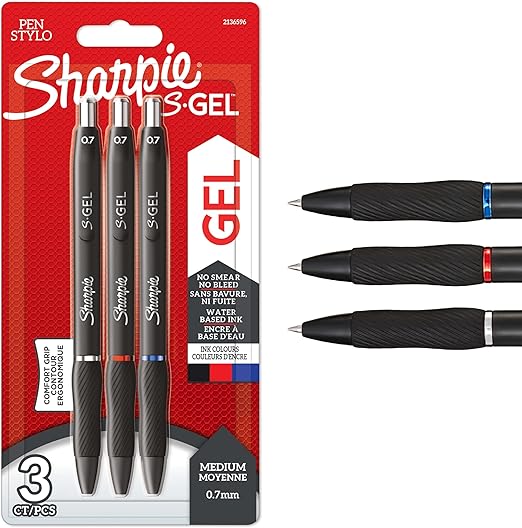 Sharpie S-Gel | Gel Pens | Medium Point (0.7mm) | Black, Red & Blue Ink | 3 Count