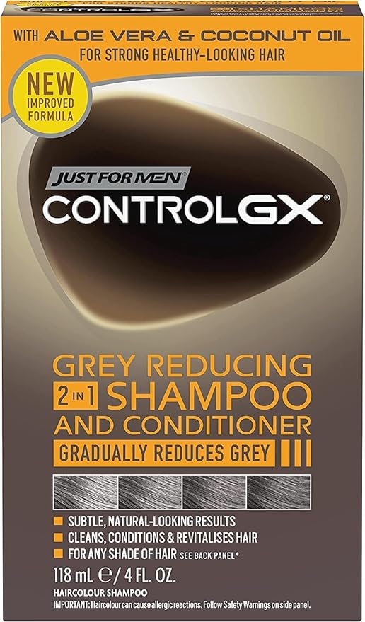 Just For Men Control GX 2-in-1 Shampoo and Conditioner, Gradually and Permanently Reduces Grey Hair with Each Wash, New Improved Formula - All Shades, 118 ml