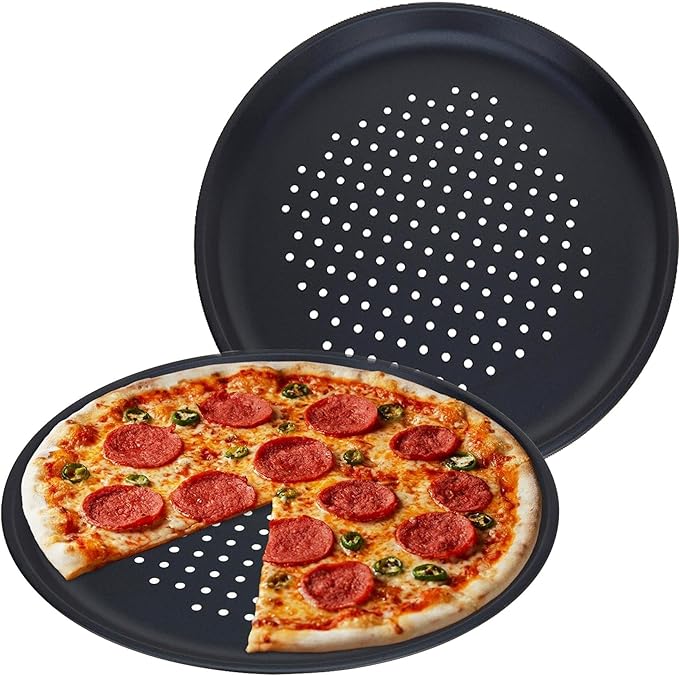 GEEZY Large Non-Stick Pizza Baking Tray 32cm (12.5") - Set of 2, Round Carbon Steel, Perforated Holes, Dishwasher, Fridge, Freezer Safe - Pizza Pan & Plate for Oven, Flatbread, Family Meals