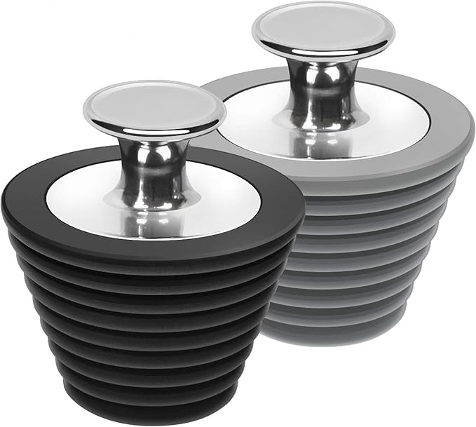 LEKEYE 2 Pack Universal Bath Plug, Drain Stopper for Bathtub and Bathroom Sink Drains, Suitable for 25mm-47mm Drain holes, Black and Gray(Patented Product)