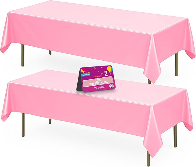 SOL 2pk Long Pink Table Cloth Party 274x137cm | Disposable Plastic Cover. Heavy Duty Spill Protection: Opaque Design for Girls Birthdays, Christening, Communion, Gender Reveals, Weddings & Events.