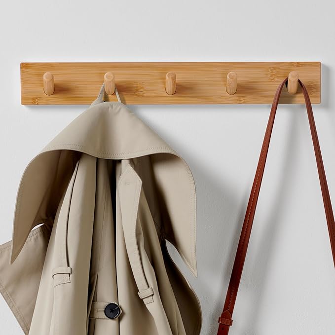 LARHN Wooden Coat Hooks Wall Mounted Coat Rack with 5 Wall Hooks, 43 cm - All Fixings Included for Quick & Easy Installation
