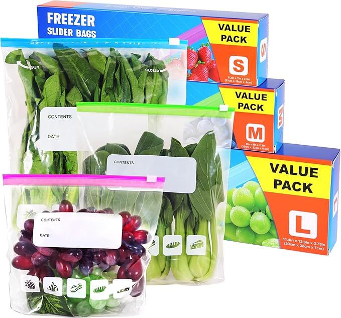 60 Pack Reusable Ziplock Freezer Bags, Food Storage Bags 3 Sizes (6L, 2.45L, 1.55L) with Expandable Bottom zip lock bags for Sandwich,Fruits, Meats, Vegetables, Snacks, and Essentials