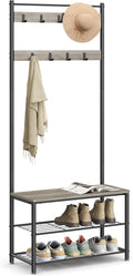 VASAGLE 3 in 1 Coat Stand with Shoe Rack, Furniture for Entrance with Bench, Steel Frame, Entryway, Hallway, 32 x 70 x 175 cm, Industrial Style, Grège and Black HSR41MB
