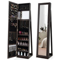Lockable Standing Jewelry Armoire with Full-Length Mirror - Coffee, Velvet Lined, 38x38x157 cm, Secure Necklace & Earring Storage