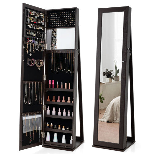 Lockable Standing Jewelry Armoire with Full-Length Mirror - Coffee, Velvet Lined, 38x38x157 cm, Secure Necklace & Earring Storage