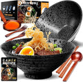 YTLEMON Ceramic Ramen Bowl Set of 2 - Porcelain Japanese Salad Noodles Cereal Fruit Pasta Soup Large Bowls 2×1000 ml 34 Ounces with Recipes Chopsticks Forks and Spoons for Party Camping(Black)