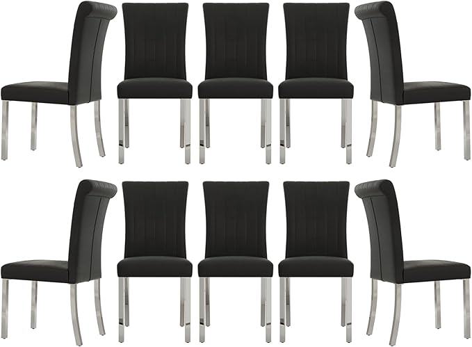 Black Upholstered Dining Chairs Set of 10, Modern Velvet Kitchen Chairs with Rolled Back Design, High Back Dining Chairs with Metal Legs for Dining Room, Living Room, Home, Office