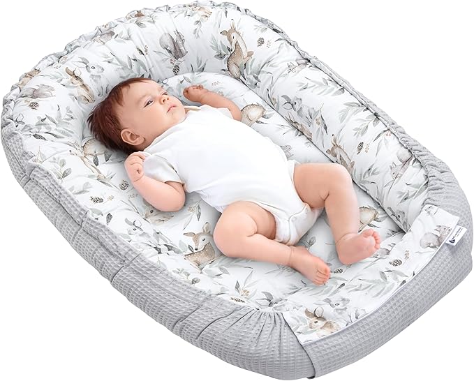 Medi Partners Baby Nest Pod for Newborn Babynest Sleep Bed - 100x60x15 Lounger Essentials 0-12 Months sleeping bilateral Cocoon 100% Cotton Waffle (Deer in leaves with grey Waffle)