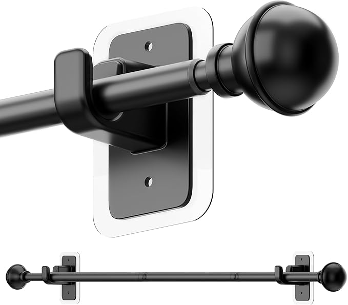 ENJOYBASICS No Drill Black Curtain Poles 68-132cm, Extendable Adhesive Curtain Rod with 2 Brackets, Telescopic Shower Rail, No Screws Curtain Pole for Windows, Doors, Bathroom, Living Room, Home