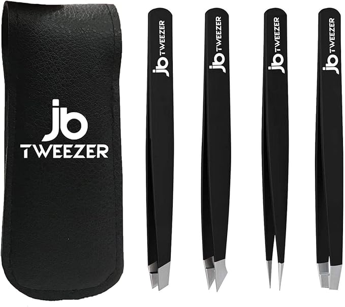 JustBlanks Professional Stainless Steel Precision Tweezers - Eyebrow, Ingrown Hair, Splinter, Blackhead & Tick Remover (Slant+Pointed+Classic+Pointed Slant) Pack of 4