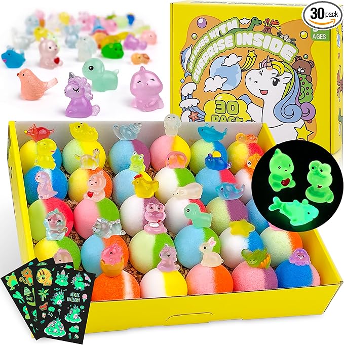 Bath Bombs for Kids with Toy Inside, 30 PCS Natrual and Organic Bubble Bath Bombs with Glow-in-The-Dark Surprise Inside, Perfect Handmade Birthday, Party, for Boys and Girls.