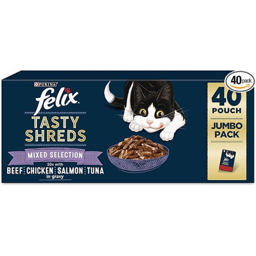 Felix Tasty Shreds Mixed Selection in Gravy Wet Cat Food 40x80g â€“ 100% Complete & Balanced, Omega-6, Vitamins D & E