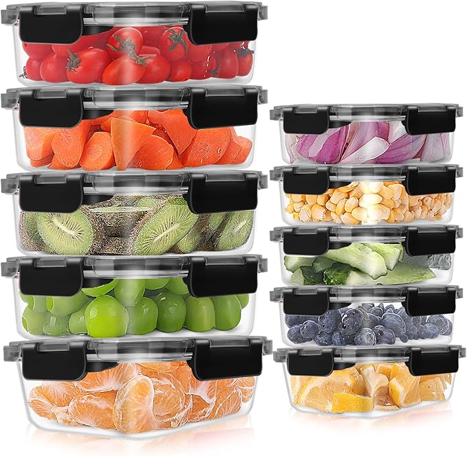 10 Pack Glass Meal Prep Containers, Airtight Glass Food Containers, Stackable Glass Food Storage Containers Set with Lids,BPA-Free, for Microwave, Oven, Freezer and Dishwasher