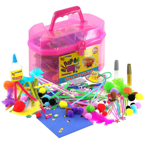 (Pink) The Magic Toy Shop Kids Giant Mega Super Craft Art Carry Case Kids Pom Poms Beads Sequins Foam Glue