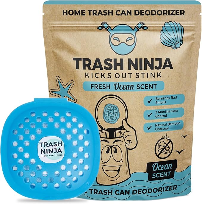 Trash Ninja Bin Freshener - Bin Odour Eliminator with Activated Charcoal, Reusable Bin Deodoriser and Freshener, Stick On Air Freshener for Bins, Bin Smell Eliminator with a Fresh Ocean Scent