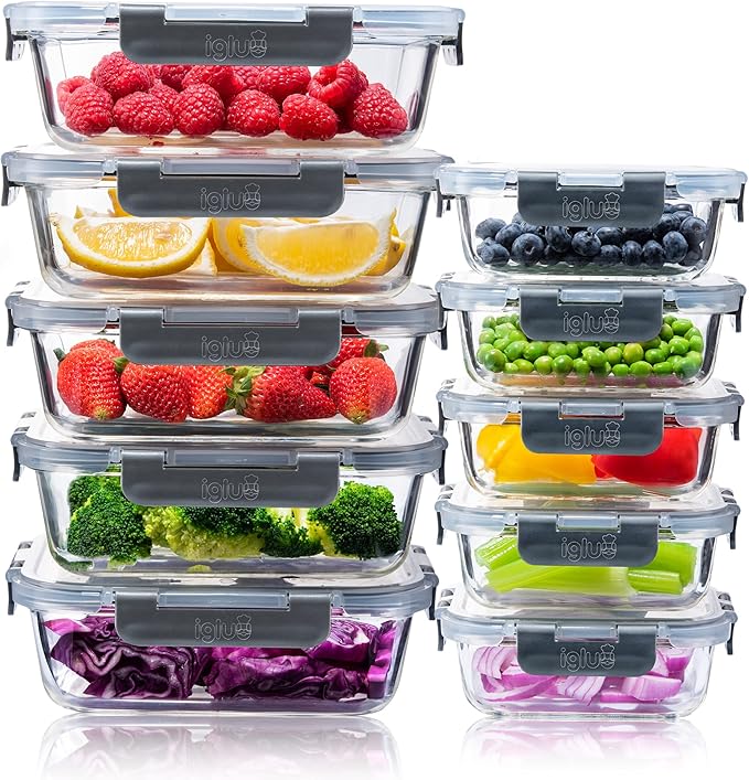 Igluu Meal Prep Glass Containers with Lids (10 Pack) – Airtight & BPA-Free – Oven, Microwave, Freezer & Dishwasher Safe – 370ml & 1050ml – Durable Borosilicate Glass