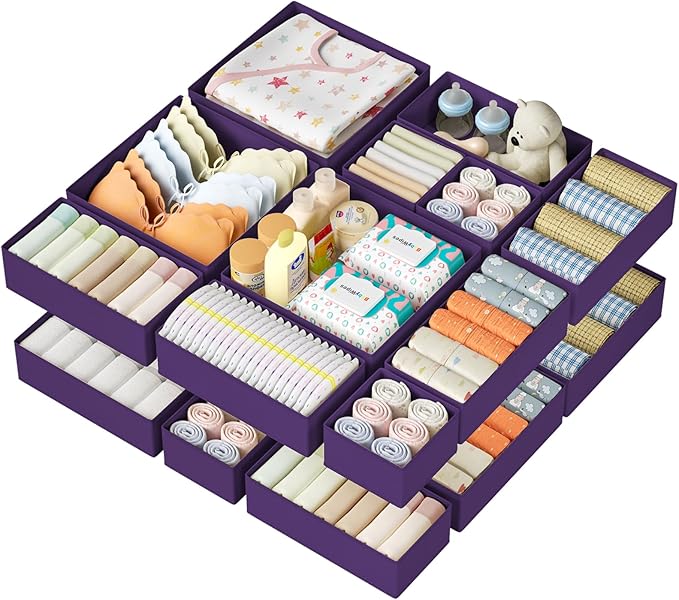 DIMJ Drawer Organizer Clothes 12 Pack - Foldable Baby Organizers and Storage & Dresser Organizer for Bedroom, Closet - Nursery Organization Dresser Dividers for underwear, Sock,Bra, Belt, Tie, Purple
