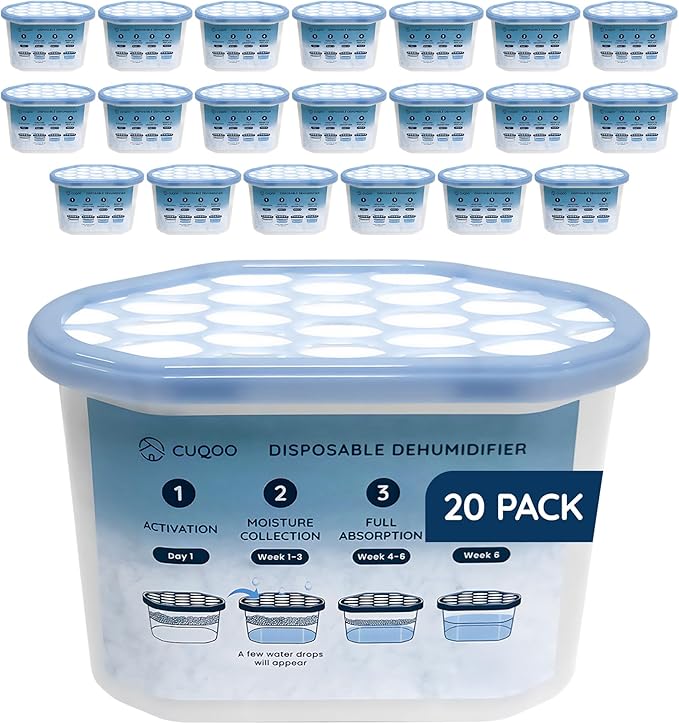 CUQOO Disposable Dehumidifier for Home 500ml, Pack of 20 Moisture Absorber Dehumidifiers for Damp, Mould, Kitchen, Wardrobe, Bedroom, Caravan, Office, Garage, Bathroom - Mini Condensation Absorbers