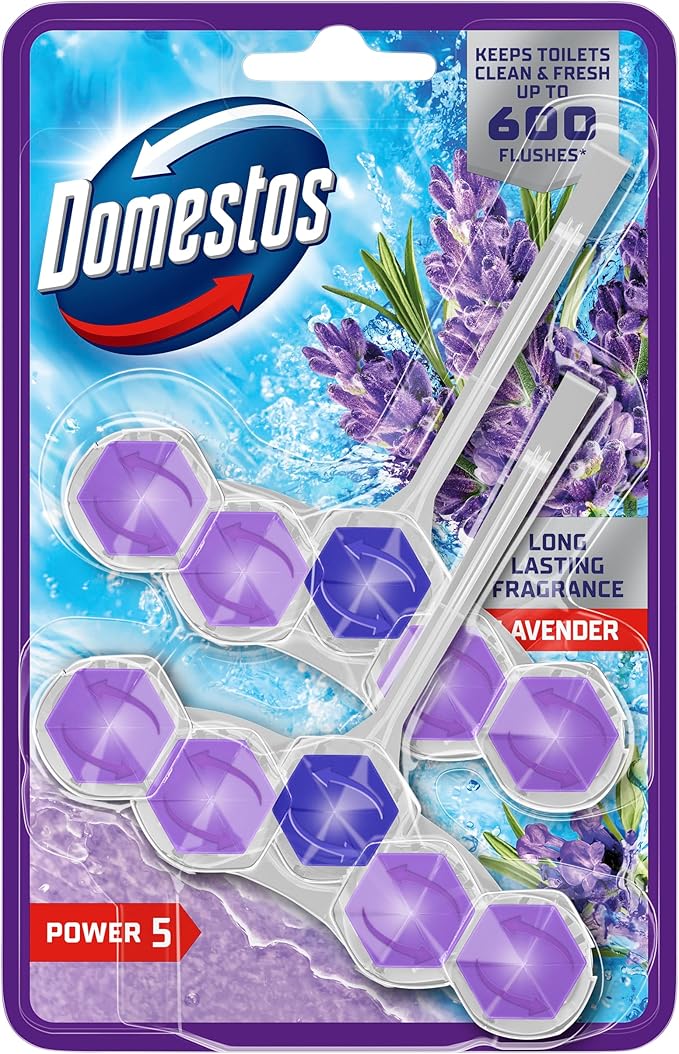 Domestos Power 5 Lavender Toilet Rim Blocks toilet freshener with a long-lasting fragrance clean and freshen for up to 300 flushes 2x 50 g
